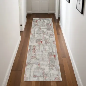 8' Gray and Red Abstract Non Skid Runner Rug