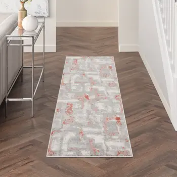 8' Gray and Red Abstract Non Skid Runner Rug
