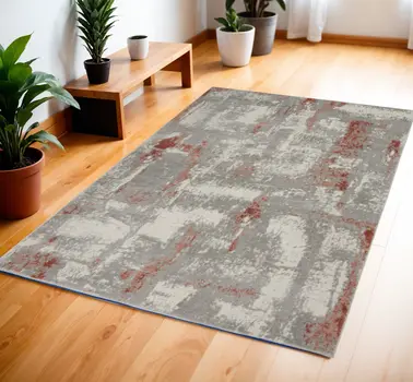 4' X 6' Gray and Red Abstract Non Skid Area Rug