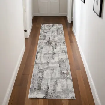8' Ivory Black and Gray Abstract Non Skid Runner Rug