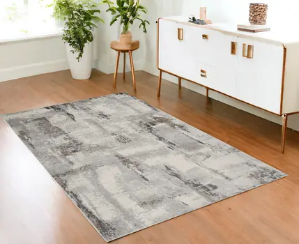 4' X 6' Ivory Black and Gray Abstract Non Skid Area Rug