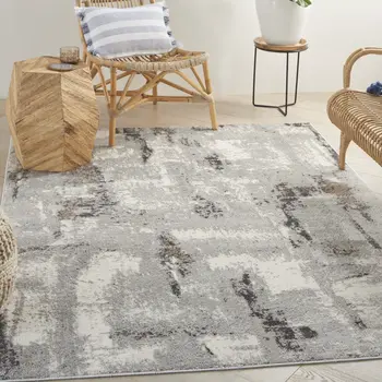 4' X 6' Ivory Black and Gray Abstract Non Skid Area Rug