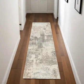 8' Beige and Gray Abstract Non Skid Runner Rug