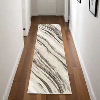 8' Beige and Gray Abstract Non Skid Runner Rug