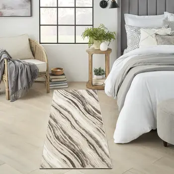 8' Beige and Gray Abstract Non Skid Runner Rug