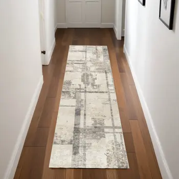 8' Ivory and Gray Abstract Non Skid Runner Rug
