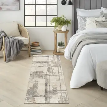 8' Ivory and Gray Abstract Non Skid Runner Rug