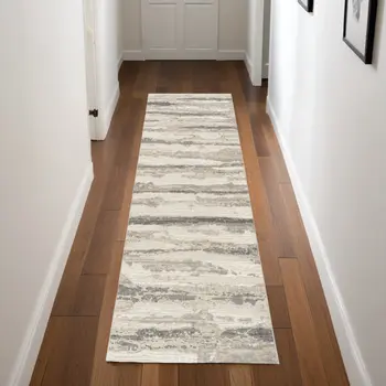 8' Beige Ivory and Gray Abstract Non Skid Runner Rug