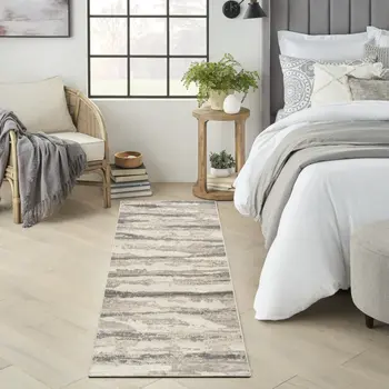 8' Beige Ivory and Gray Abstract Non Skid Runner Rug