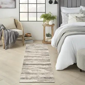 8' Beige Ivory and Gray Abstract Non Skid Runner Rug