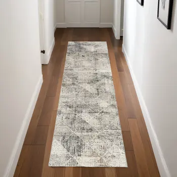 8' Ivory Black and Brown Geometric Non Skid Runner Rug