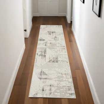 8' Beige Ivory and Gray Geometric Non Skid Runner Rug