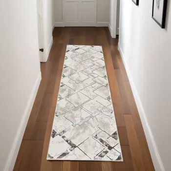 8' Ivory Blue and Gray Geometric Non Skid Runner Rug