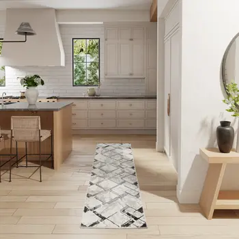 8' Ivory Blue and Gray Geometric Non Skid Runner Rug
