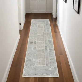 8' Gray and Ivory Geometric Non Skid Runner Rug
