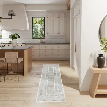 8' Gray and Ivory Geometric Non Skid Runner Rug