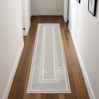 8' Silver and Ivory Geometric Non Skid Runner Rug