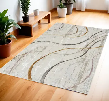 4' X 6' Ivory Black and Brown Abstract Non Skid Area Rug