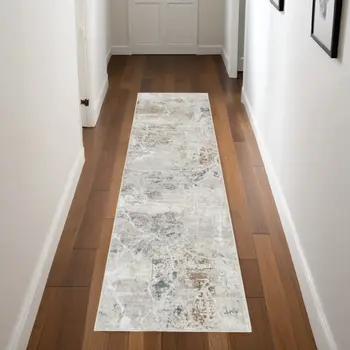 8' Ivory Black and Gray Abstract Non Skid Runner Rug