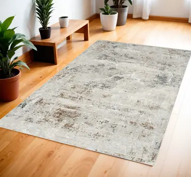 4' X 6' Ivory Black and Gray Abstract Non Skid Area Rug
