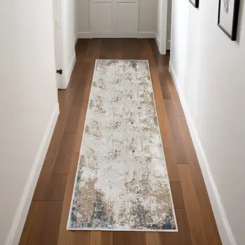 8' Ivory Charcoal and Taupe Abstract Distressed Non Skid Runner Rug