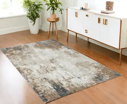 4' X 6' Ivory Charcoal and Taupe Abstract Distressed Non Skid Area Rug