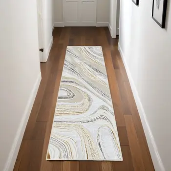 8' Ivory Gold and Gray Abstract Non Skid Runner Rug