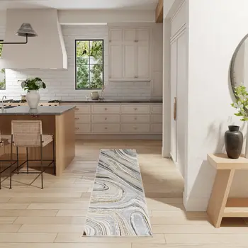 8' Ivory Gold and Gray Abstract Non Skid Runner Rug