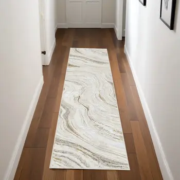 8' Ivory Gold and Gray Abstract Non Skid Runner Rug