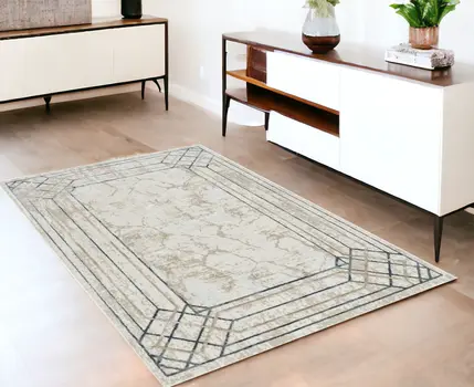 4' X 6' Ivory Black and Taupe Geometric Non Skid Area Rug