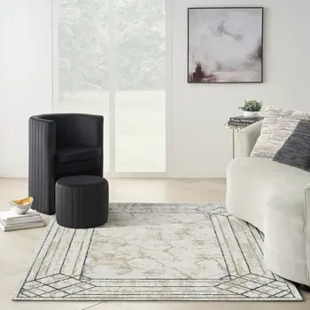 4' X 6' Ivory Black and Taupe Geometric Non Skid Area Rug