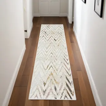 8' Ivory Black and Gray Chevron Distressed Non Skid Runner Rug