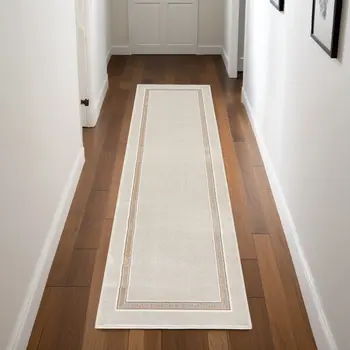 8' Gray Ivory and Cream Geometric Non Skid Runner Rug