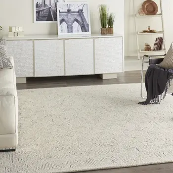 8' X 12' Navy Blue and Ivory Wool Abstract Area Rug