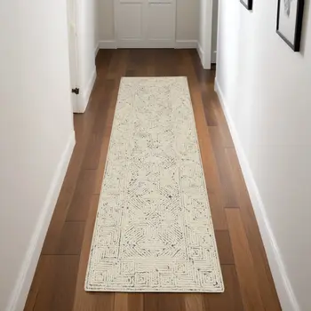 8' Navy Blue and Ivory Wool Abstract Runner Rug