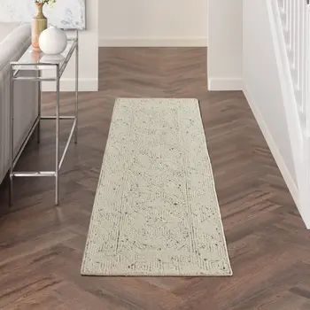 8' Navy Blue and Ivory Wool Abstract Runner Rug