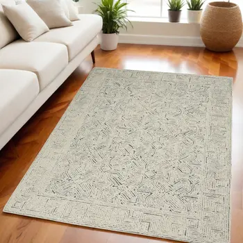 5' X 7' Navy Blue and Ivory Wool Abstract Area Rug