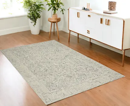 4' X 6' Navy Blue and Ivory Wool Abstract Area Rug