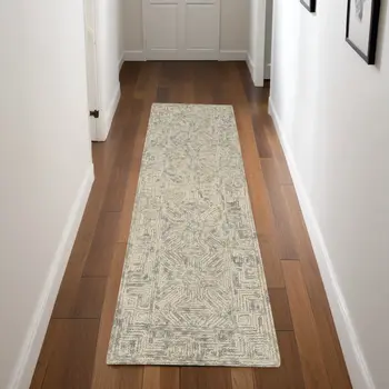 8' Beige and Gray Wool Abstract Geometric Runner Rug