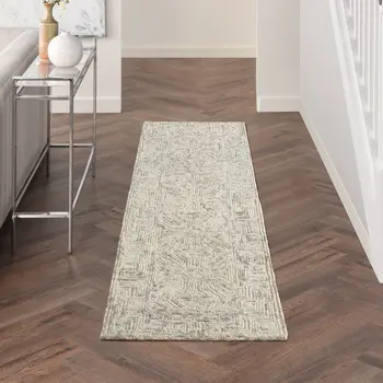 8' Beige and Gray Wool Abstract Geometric Runner Rug