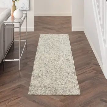 8' Beige and Gray Wool Abstract Geometric Runner Rug