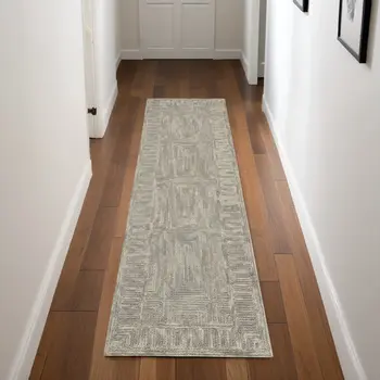 8' Gray Wool Geometric Runner Rug