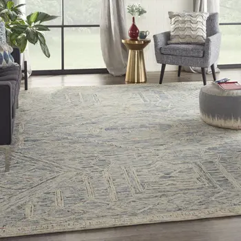 8' X 11' Tan and Blue Wool Geometric Area Rug