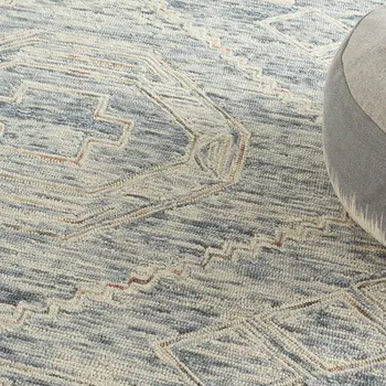 8' X 11' Tan and Blue Wool Geometric Area Rug