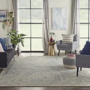 8' X 11' Tan and Blue Wool Geometric Area Rug