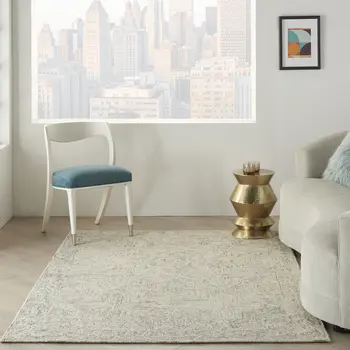 5' X 8' Ivory and Blue Wool Geometric Area Rug