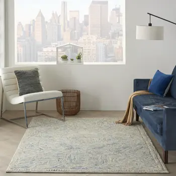 5' X 8' Tan and Blue Wool Geometric Area Rug