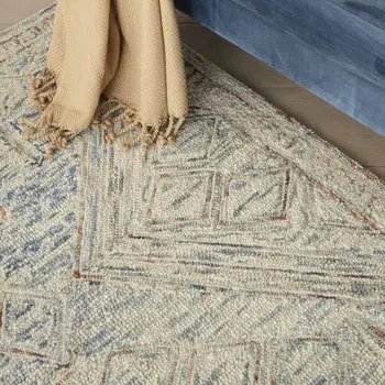 5' X 8' Tan and Blue Wool Geometric Area Rug