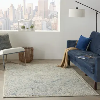 5' X 8' Tan and Blue Wool Geometric Area Rug