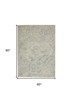 5' X 8' Tan and Blue Wool Geometric Area Rug